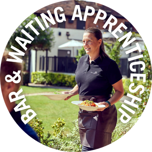 Bar & Waiting apprentice takes food to an outside table. Link to Bar & Waiting Apprenticeships